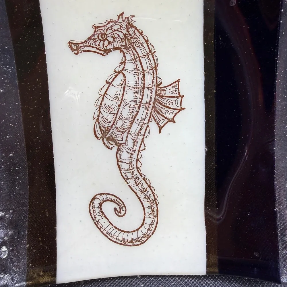Fused Glass Seahorse Trinket Dish Square Coastal Navy Amber 5in Plate‎